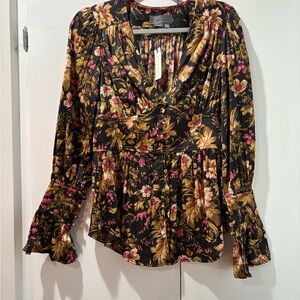 Anthropologie Black and Pink Floral Blouse S NWT